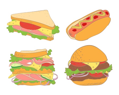 set of hamburger, hot dogs and two sandwichesのイラスト素材