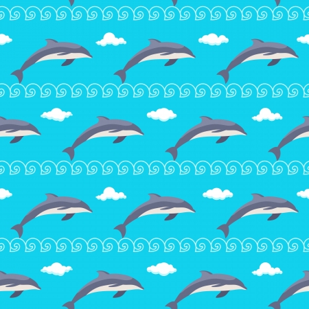 Seamless sea pattern with dolphins, waves and clouds のイラスト素材