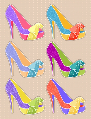  Set of women s shoes with high heels on a beige backgroundのイラスト素材