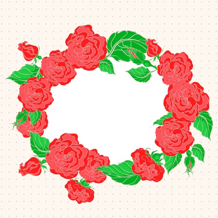 beautiful card with frame with red roses and green leafs on a beige backgroundのイラスト素材