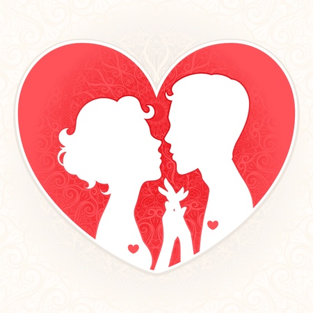 male and female silhouettes of lovers on a background of red heartsのイラスト素材
