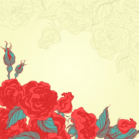 beautiful yellow card with pink roses and turquoise leafs and with place for textのイラスト素材