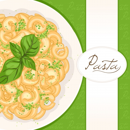background with plate of pasta with basil with place for textのイラスト素材
