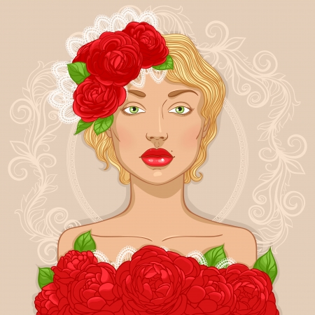 Beautiful blonde with flowers in her hair in a retro frameのイラスト素材