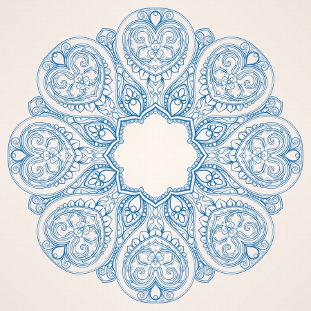round nature blue abstract pattern with flowers and hearts on a beige backgroundのイラスト素材