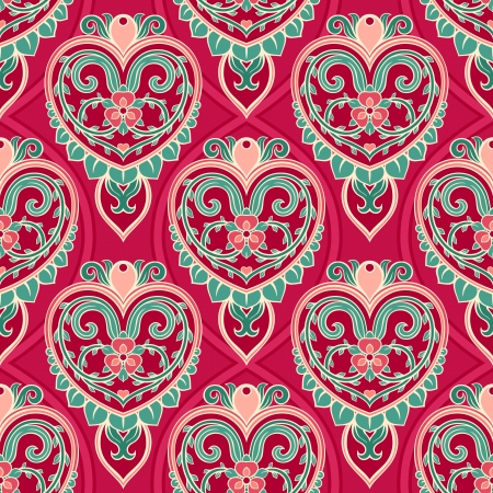 beautiful dark pink background with vintage hearts and flowersのイラスト素材
