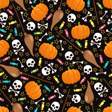 cute background for Halloween with skulls and brooms and stars on a black backgroundのイラスト素材