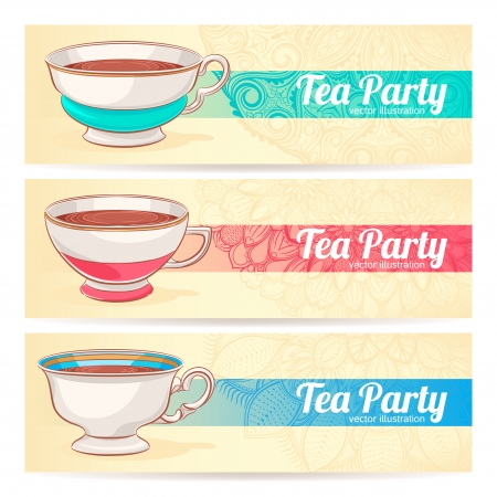 Set of three banners with a cups of delicious tea on yellow patterned background and place for textのイラスト素材