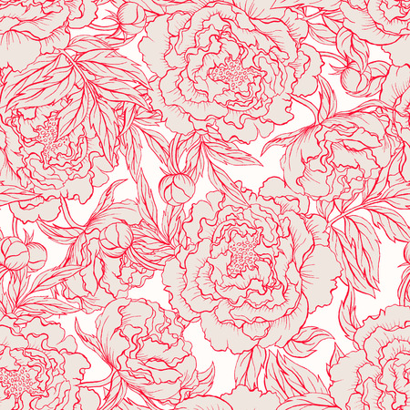 beautiful floral seamless background with blooming red and beige peoniesのイラスト素材