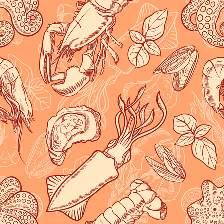 seafood. seamless background with sketch marine animals and basil leavesのイラスト素材