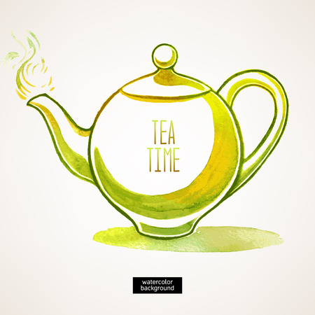 tea time. watercolor green and yellow grunge kettleのイラスト素材