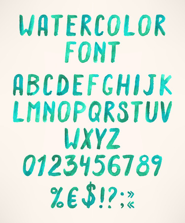 Watercolor handwritten green alphabet letters with numbers and symbolsのイラスト素材