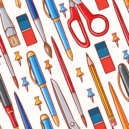 seamless background with different stationery. Pencils, pens, scissorsのイラスト素材