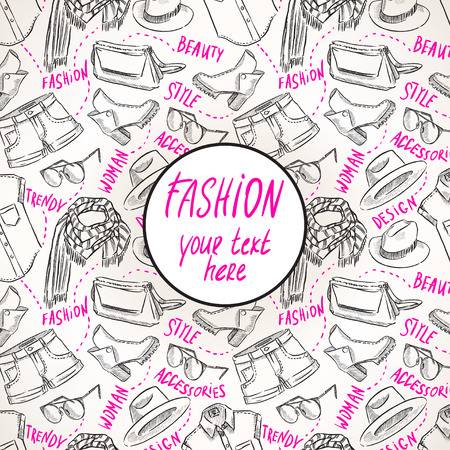 background with women's clothing and accessories. hand-drawn illustrationのイラスト素材