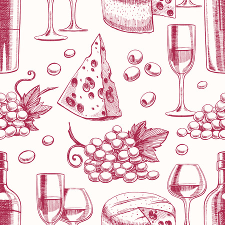 seamless background with bottles and glasses of wine, grapes and cheeseのイラスト素材