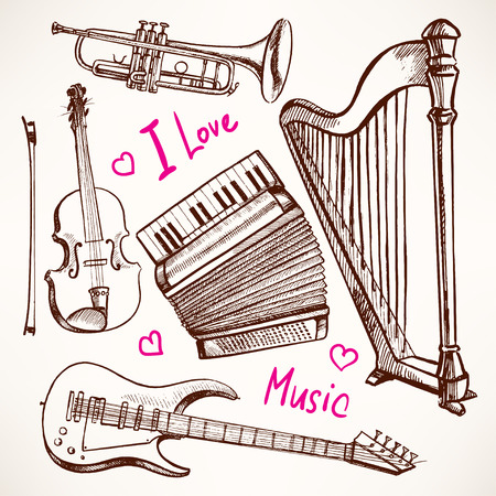 Set with Musical instruments. accordion, violin, bass guitar. hand-drawn illustration. accordion, violin, bass guitarのイラスト素材