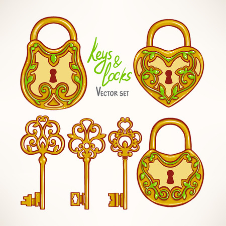Set with three beautiful retro keys and locks with a floral patternのイラスト素材