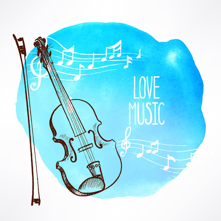 love of music. Beautiful watercolor background with hand-drawn violinのイラスト素材