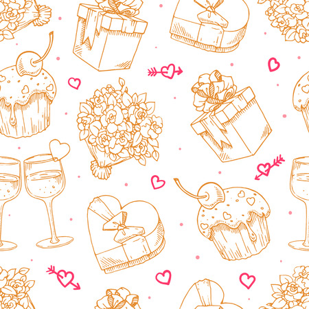 cute seamless background for Valentine's Day with a bouquet of roses, champagne glasses and giftsのイラスト素材