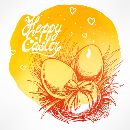 cute card with Easter nest on yellow background watercolorのイラスト素材