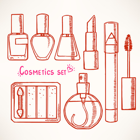 set with woman's sketch decorative cosmetics. hand-drawn.のイラスト素材