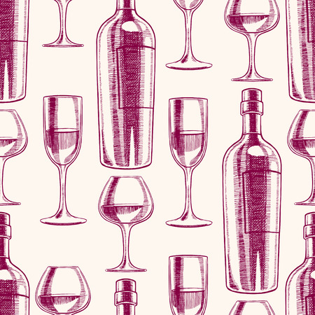 seamless purple background with bottles and glasses of wine. hand-drawn illustrationのイラスト素材