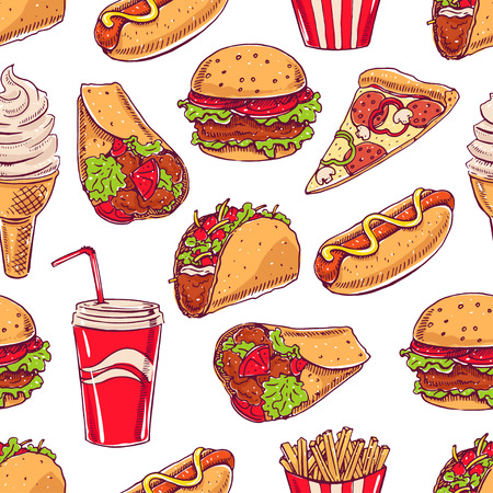 seamless background with various fast food. hot dog, hamburger, pizza slice. hand-drawn illustrationのイラスト素材