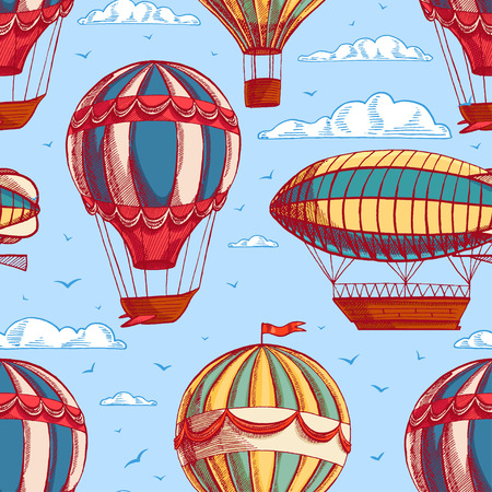 beautiful retro colorful seamless background with balloons and airships flying to cloudy skyのイラスト素材