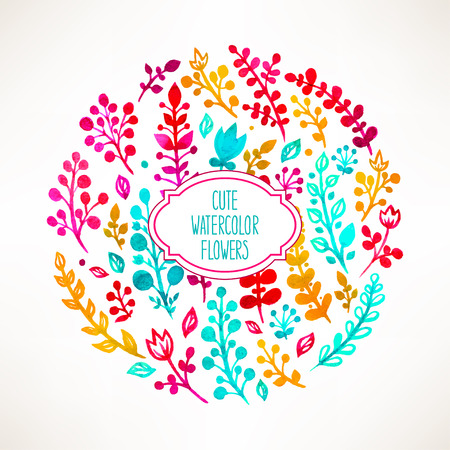 Beautiful card with a circle of watercolor flowers and place for textのイラスト素材