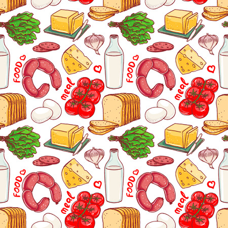 Seamless red and white background with different foodの写真素材