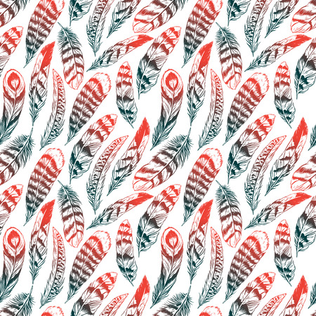 beautiful seamless background with green and orange feathersのイラスト素材