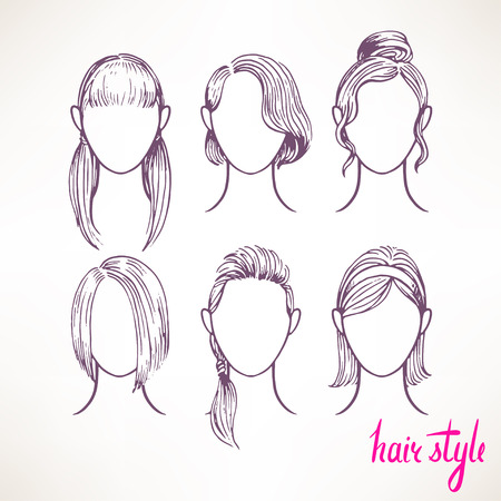 set with different hairstyles. hand-drawn illustrationのイラスト素材