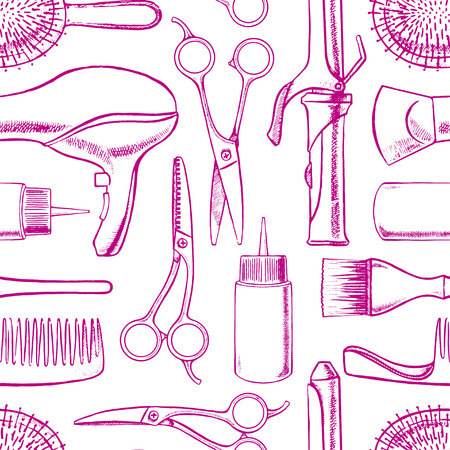 seamless background with sketch hairdressing equipment. hand-drawn illustrationのイラスト素材