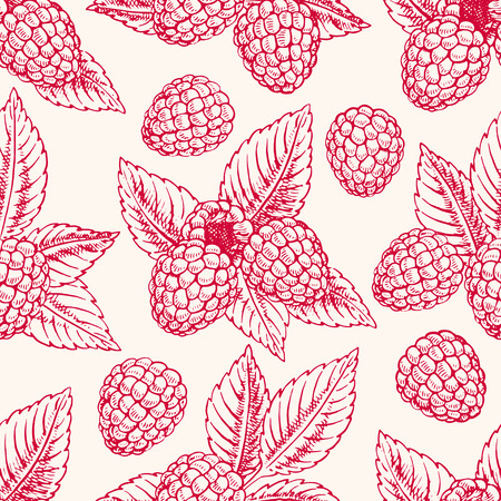 Cute seamless background with ripe pink raspberries and leaves. hand-drawn illustration