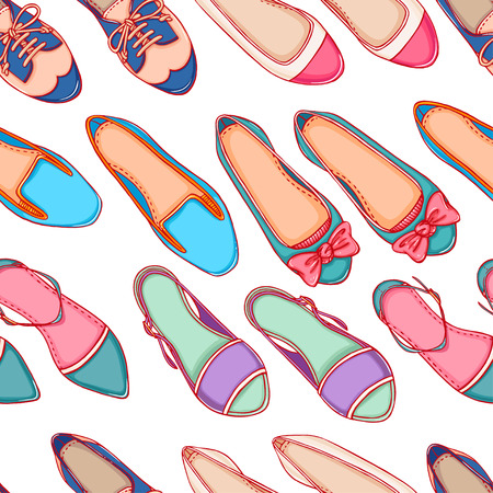Seamless background with different colored shoes on a white backgroundのイラスト素材