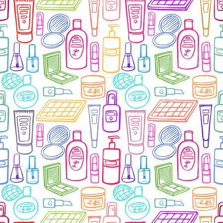 seamless background with a variety of products for beauty and body care. hand-drawn illustrationのイラスト素材