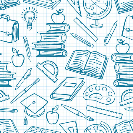 child blue background with school supplies. Globe, paints and brushes, books. hand-drawn illustration child blue background with school supplies. Globe, paints and brushes, books. hand-drawn illustration