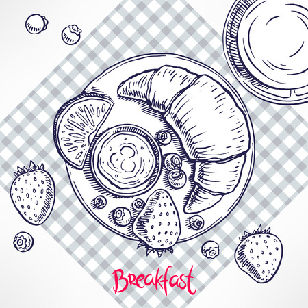breakfast. croissant, jam, blueberries and strawberries, juice. hand-drawn illustrationのイラスト素材