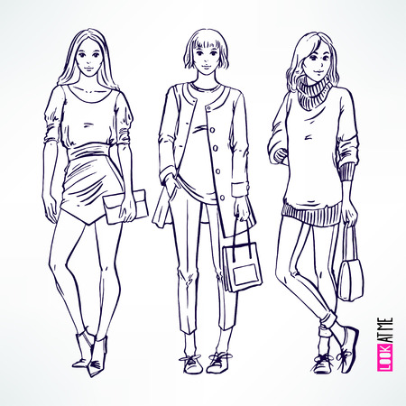 Set with three beautiful fashion modern sketch girl. hand-drawn illustrationのイラスト素材