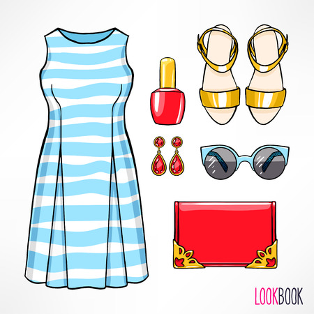 Woman's summer outfit. Dress and accessories. hand-drawing illustrationのイラスト素材