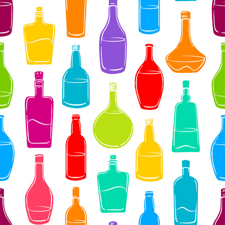 Seamless background with various colored bottles of alcohol. hand-drawn illustrationのイラスト素材