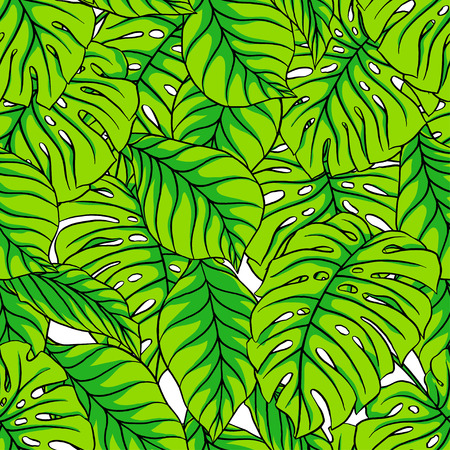 Beautiful seamless pattern with green palm leaves. hand-drawn illustrationのイラスト素材