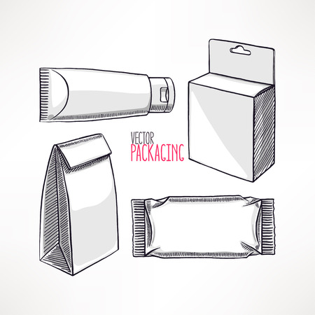 set with four different types of packaging. Hand-drawn illustrationのイラスト素材