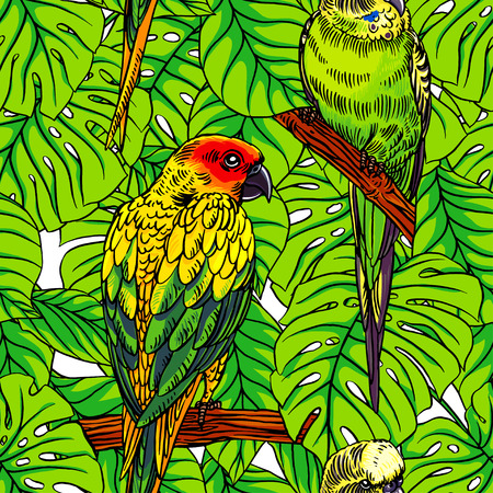 Beautiful seamless background with colorful parrots and green palm leavesのイラスト素材
