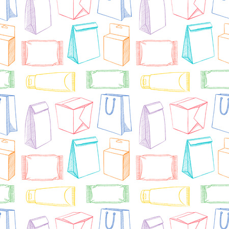 seamless background with  different types of sketch packaging. Hand-drawn illustrationのイラスト素材