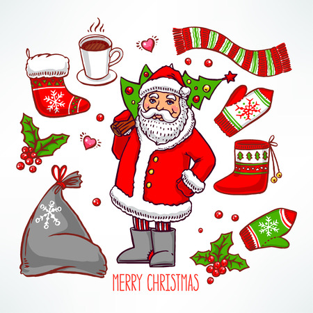 Christmas set with holiday attributes and smiling Santa Claus. hand-drawn illustrationのイラスト素材