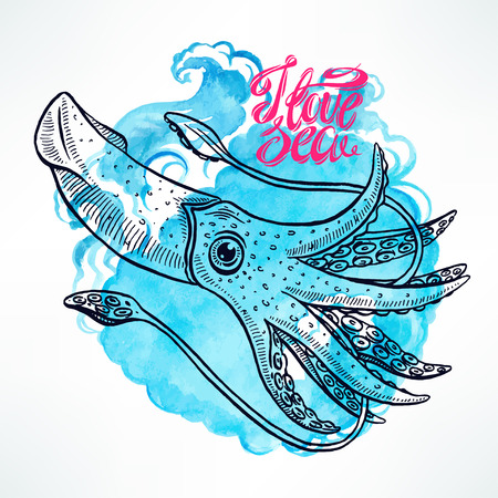 cute sketch squid on a blue watercolor background. hand-drawn illustrationのイラスト素材