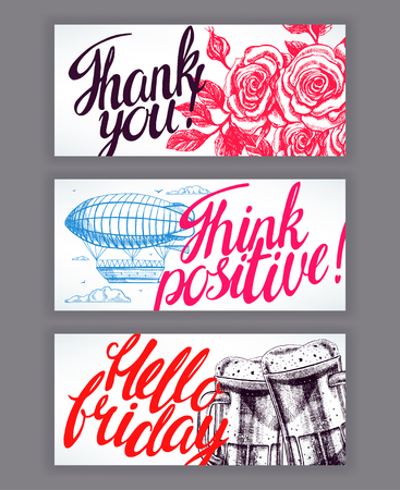 Three beautiful cards with good wishes. hand-drawn illustrationのイラスト素材