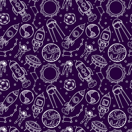 cute seamless background of astronauts, planets and rockets. hand-drawn illustrationのイラスト素材