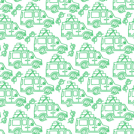 Traveling by car. cute seamless green pattern of cars and heart sunglasses. hand-drawn illustrationのイラスト素材